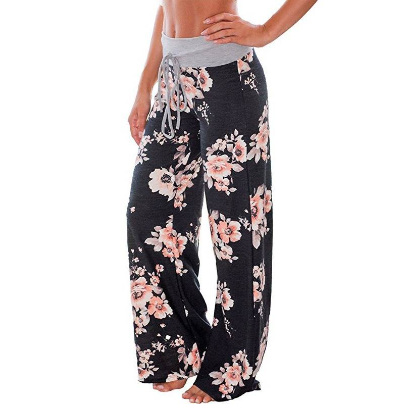Plus Size Floral Print High Rise Drawstring Long Pants, Women's Plus Slight Stretch Loose Casual Pants_voghion.com