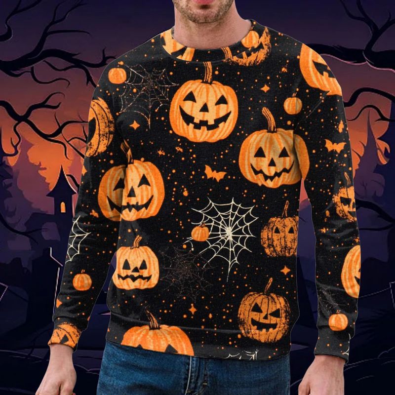 Halloween-Sweatshirt mit Grafik – Gruseliger Kürbis- und Spinnennetz-Aufdruck (S-5XL, Polyester, Übergröße)_voghion.com