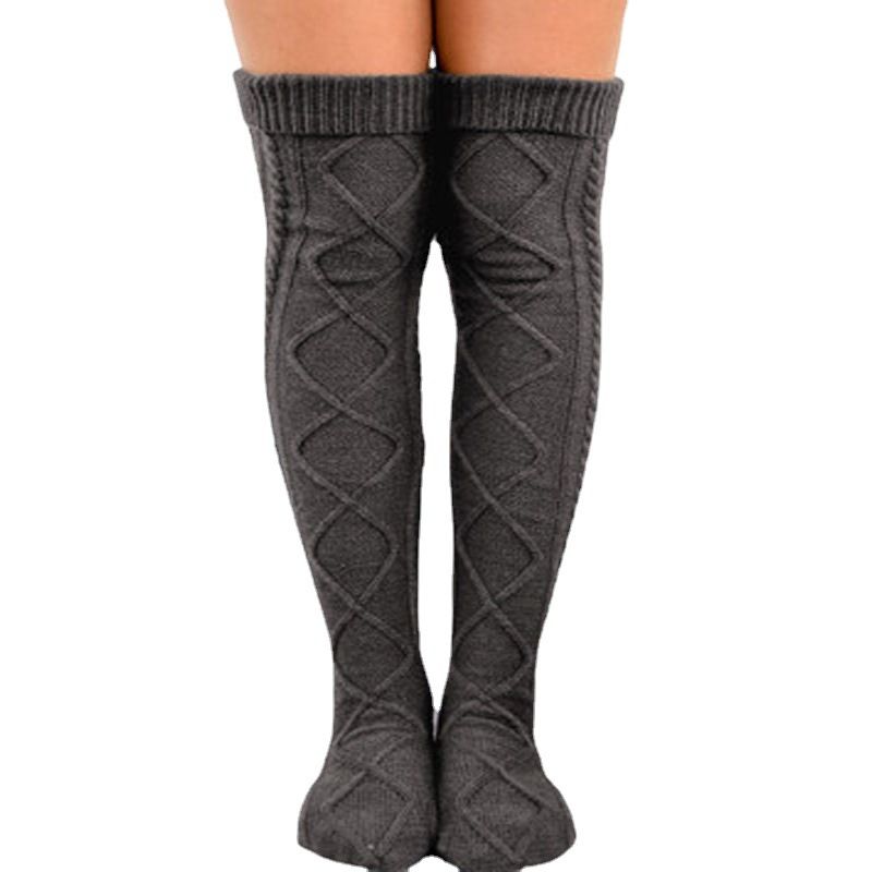 Calcetines de lana de punto para mujer, con borde enrollado de diamante, color liso, holgados, por encima de la rodilla, otoño e invierno, gran oferta, 2025d_voghion.com