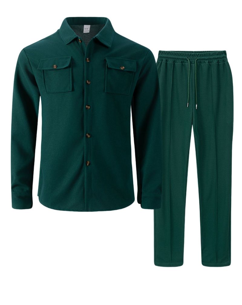 Costume deux pièces européen et américain d'automne, pantalon à manches longues gaufré, couleur unie, double poche, vêtements de travail, cardigan, chemise_voghion.com