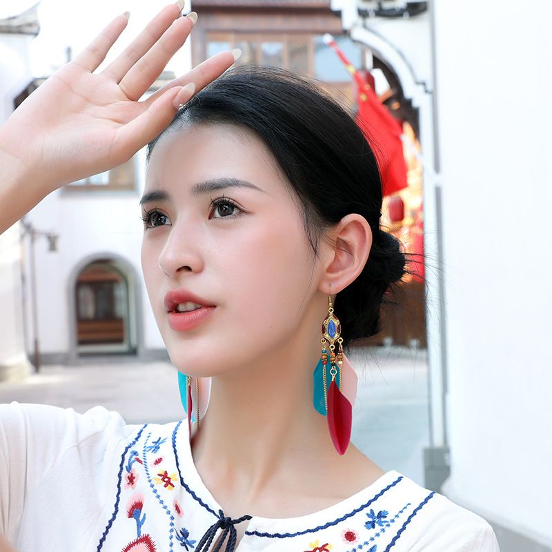 Ethnic Super Fairy Feather Earrings Without Piercing Bohemian Long High-end New Chinese Style Accessories Ear Clips For_voghion.com