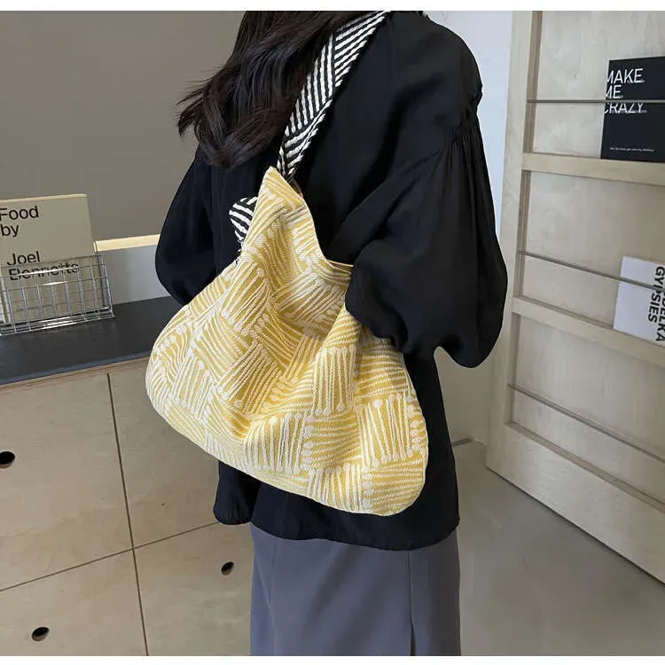 Borsa per la spesa da donna di grande capacità, stile foresta, in tela, alla moda, a righe, per ufficio e pendolarismo_voghion.com