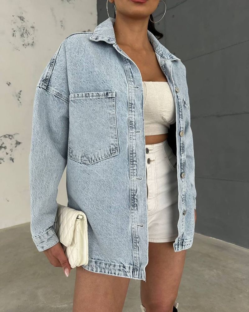 Giacca in denim oversize a maniche lunghe, stile Old Bf, stile retrò lavato, per donna, autunno e inverno, drappeggiata, monopetto_voghion.com