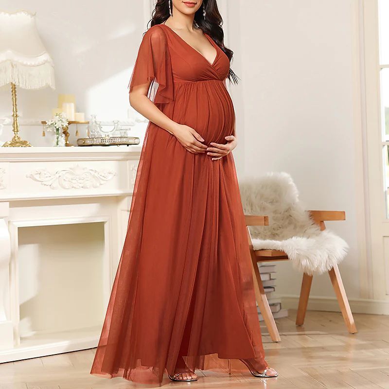 Abito da sera, abito premaman, commercio estero transfrontaliero, europeo e americano, abito con scollo a V, abito da sera, abito lungo in tulle con scollo a V e maniche corte_voghion.com