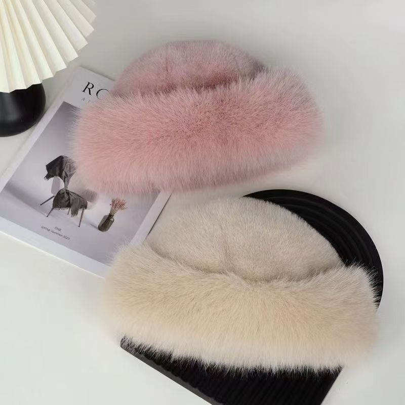 Plüschiger mongolischer Damen-Sonnenhut, kältebeständig, warm, einfarbig, weiß, mit Ohrenschutz, aus Fuchsfell_voghion.com