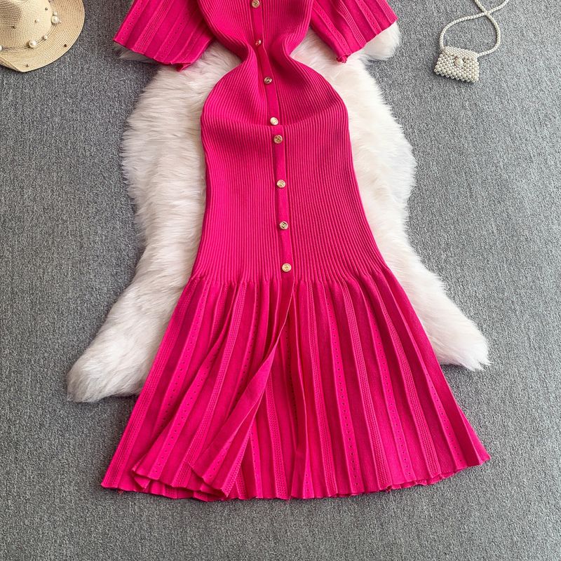Women's Clothing Elegant V Neck Single Breasted Short Sleeved Dress Knitted Elastic Waist Hollow Fishtail Long Skirt_voghion.com