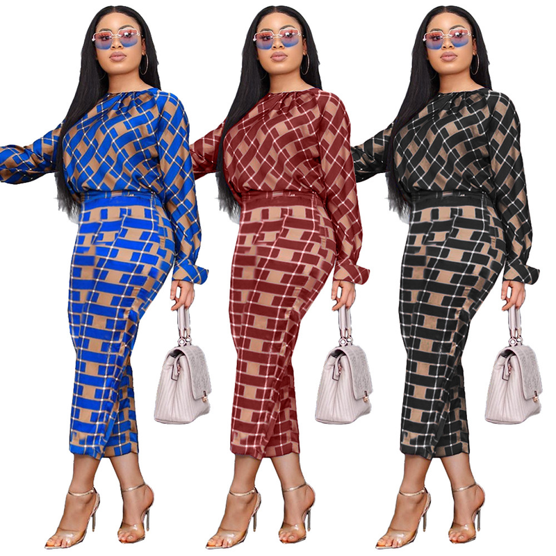 Explosieve losse blouse met lange mouwen en geruite broek, tweedelige set_voghion.com