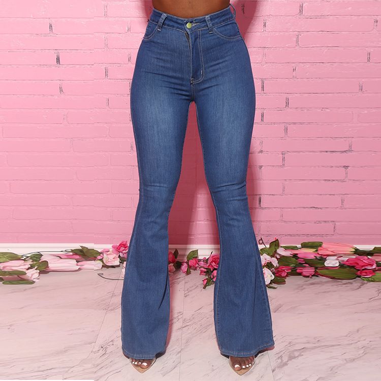 2024 Plus Size Elastic High Waist Denim Long Women's Flared Pants_voghion.com