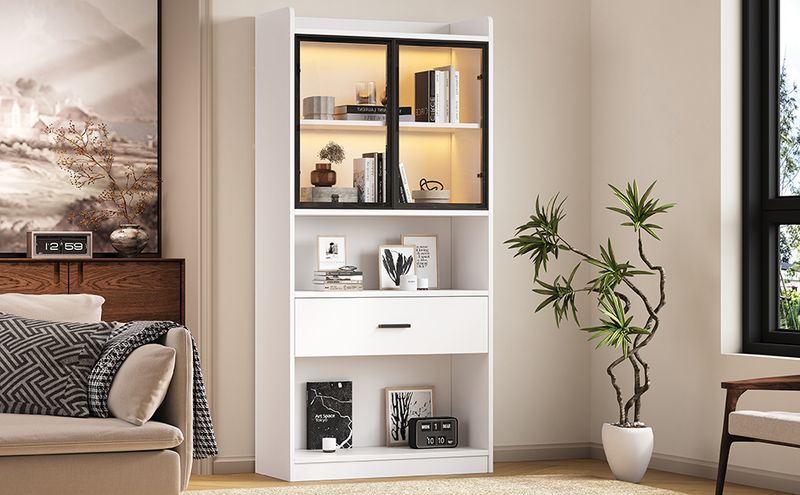 Armoire à curiosités lumineuse, étagères de rangement avec portes vitrées escamotables, grand tiroir et éclairage LED 16 couleurs, vitrine pour objets de collection, bibliothèque de salon, blanche avec cadre noir._voghion.com