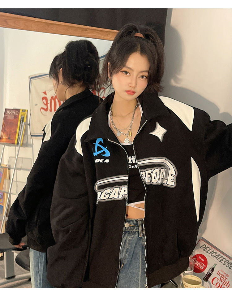 Jauna burtu apdrukas rāvējslēdzēja lielizmēra jaka sievietēm Y2K Retro Hip Hop vaļīga tendences jaka korejiešu modes ielas ikdienas jaka_voghion.com