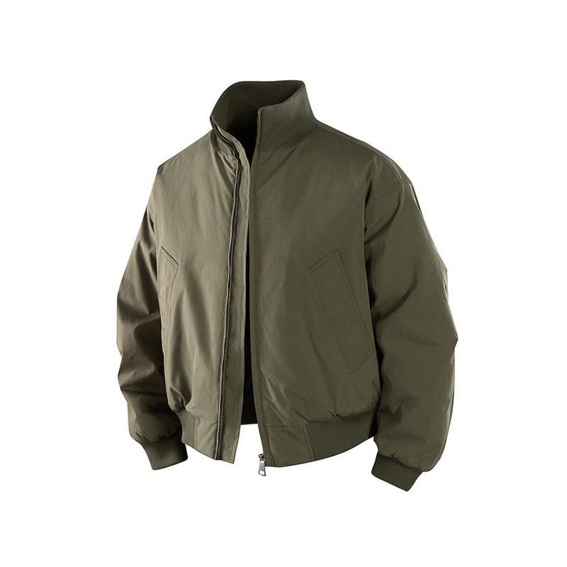 Men's Winter Stand Collar Padded Jacket – Thickened Polyester Fill, Loose Fit (Black/Grey/Army Green)_voghion.com