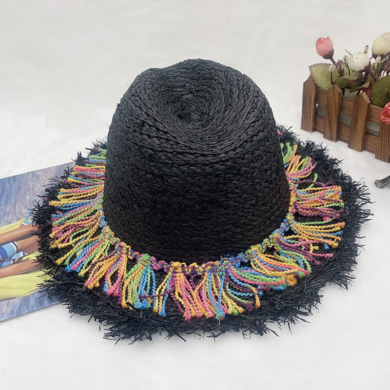Pălărie de plajă de vară pentru femei Xiao Xiangfu, pălărie de soare cu ciucuri curcubeu cu margine ruptă, pălărie de călătorie pentru plajă_voghion.com