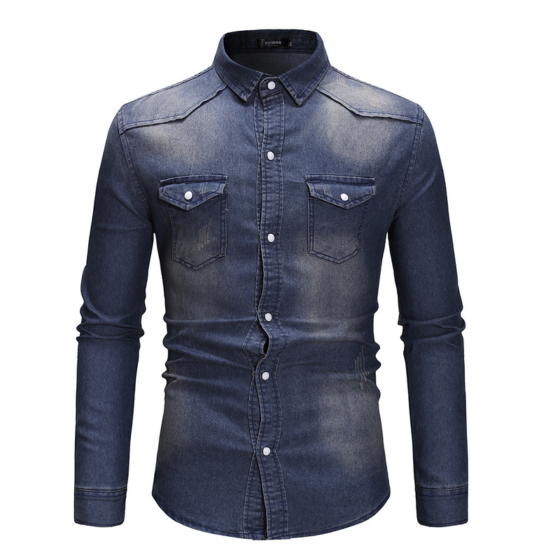 2020 Frühlingsmode Vier Jahreszeiten Modell Doppeltasche Herren Casual Langarm Jeanshemd 3011_voghion.com