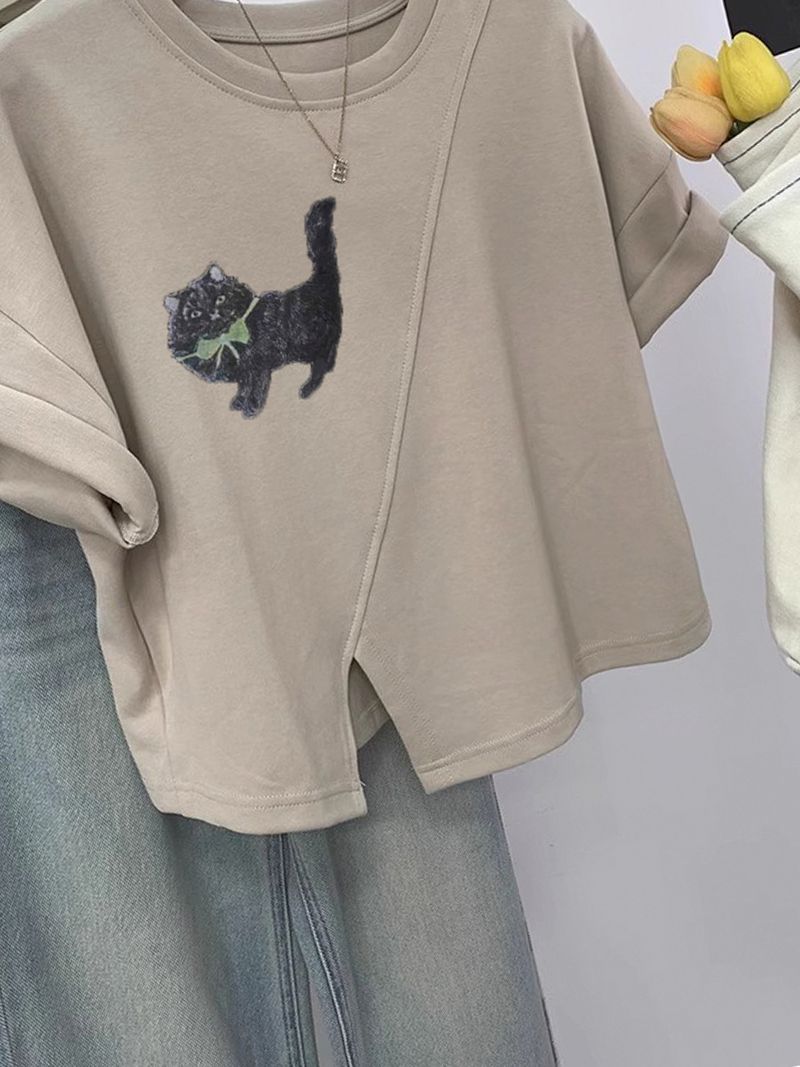 Tricou pentru femei cu mânecă scurtă din bumbac pur și imprimeu pisică, top scurt neregulat de vară pentru femei_voghion.com