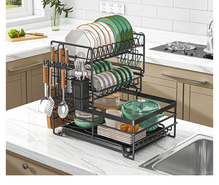 Kitchen Bowl Rack Household Anti-rust Countertop Double-layer Draining Bowl Rack Multifunctional Bowl Storage Rack_voghion.com