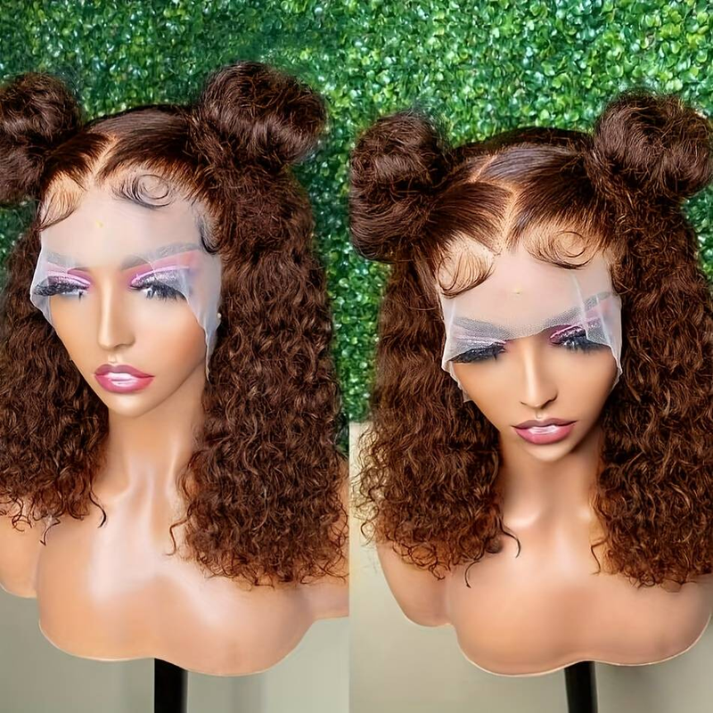 Marrón 100% del pelo rizado de la permanente de la onda de agua del cabello humano de la capilla del cabello humano del cordón 13*4_voghion.com