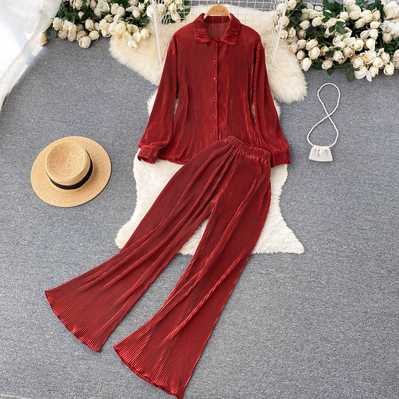 Elegant zweedeelegt Kostüm fir Fraen, Summermoud, modesch laangärmlech Hemdtop, 1-Taille-Drapéierung Casual Hosen_voghion.com