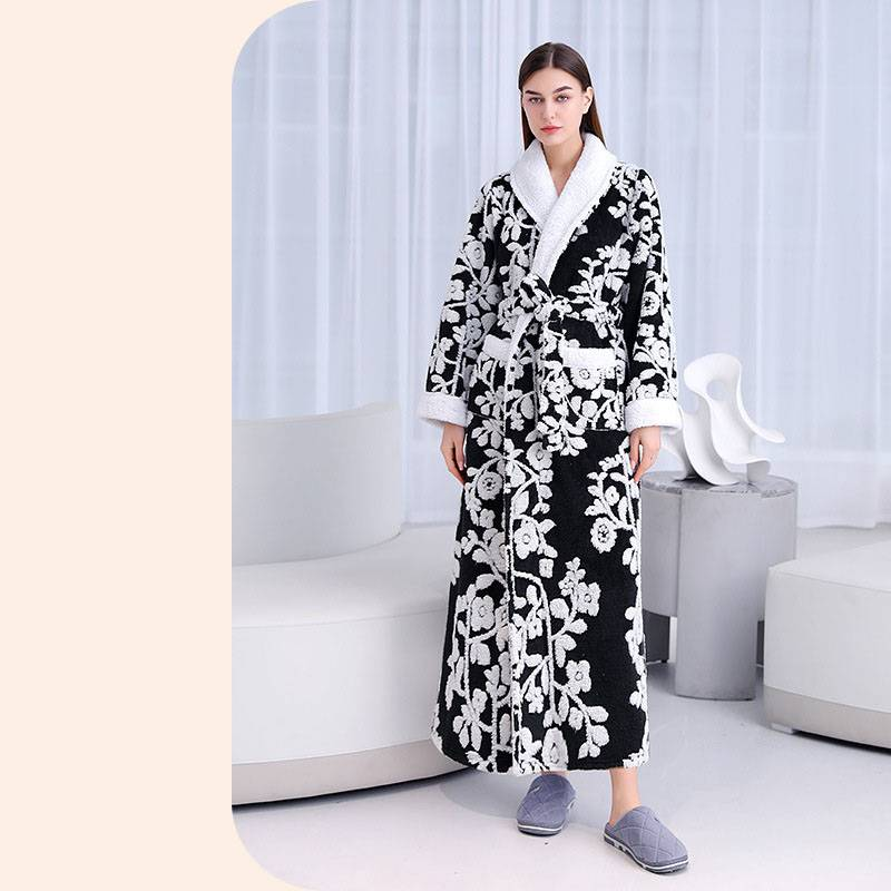 Outono e inverno cinza prateado dupla camada espessada jacquard confortável algodão veludo camisola longa pelúcia roupão de banho_voghion.com