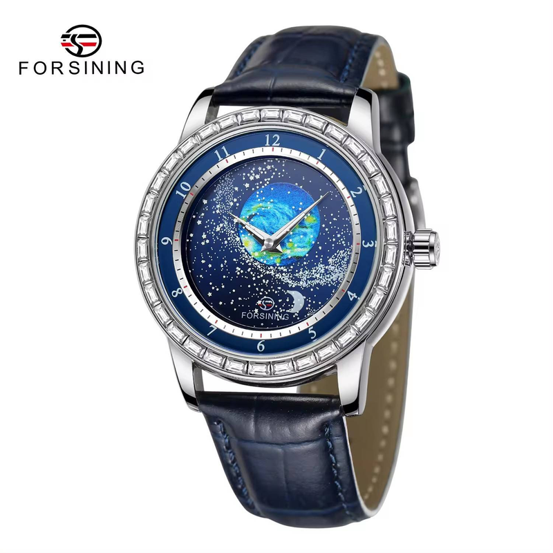 Brangakmenių inkrustuotas „Rotating Star“ automatinis mechaninis laikrodis su odiniu dirželiu, šventinė dovana_voghion.com