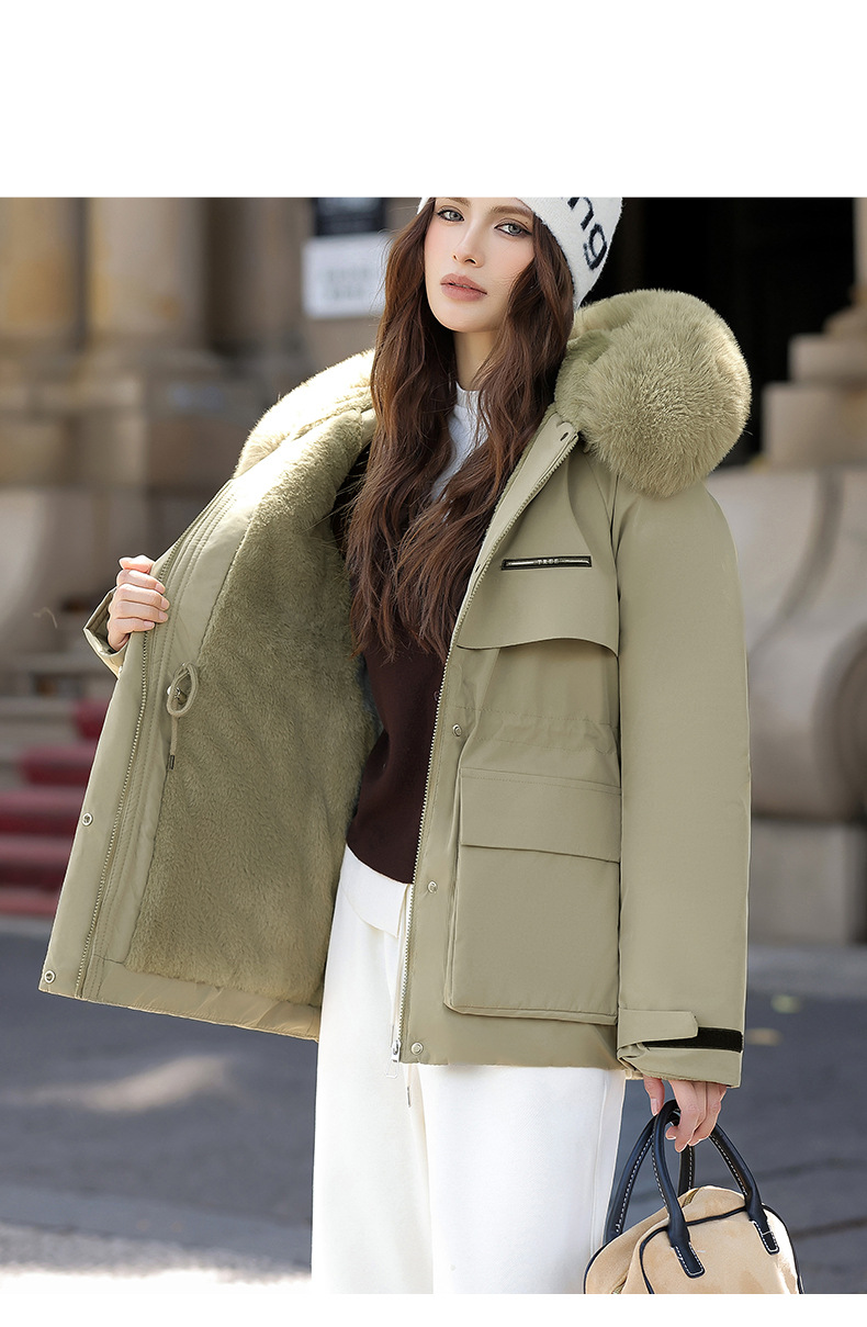 Women's Parka Coat With Detachable Rabbit Fur Hood, Waist-Belted Winter Jacket, Thickened Polyester Shell & Down Cotton Filling For Casual & Office_voghion.com