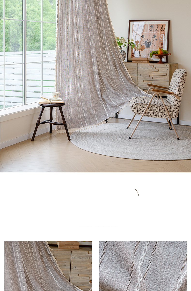 Cortinas semitransparentes de algodão e linho - Bordados minimalistas e designs listrados para cozinha, quarto e divisórias de ambientes (várias cores e tamanhos disponíveis)_voghion.com