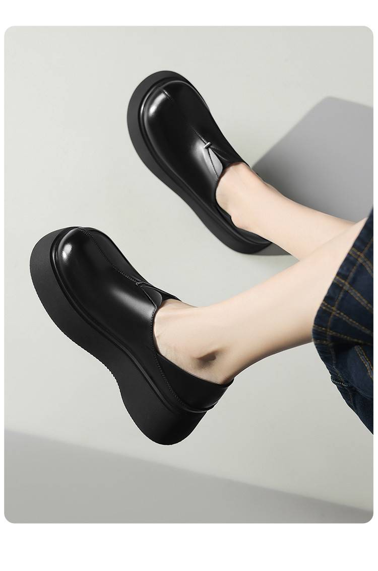Cameido Women's Black Synthetic Leather Round Toe Loafers With 5CM PU Sole_voghion.com