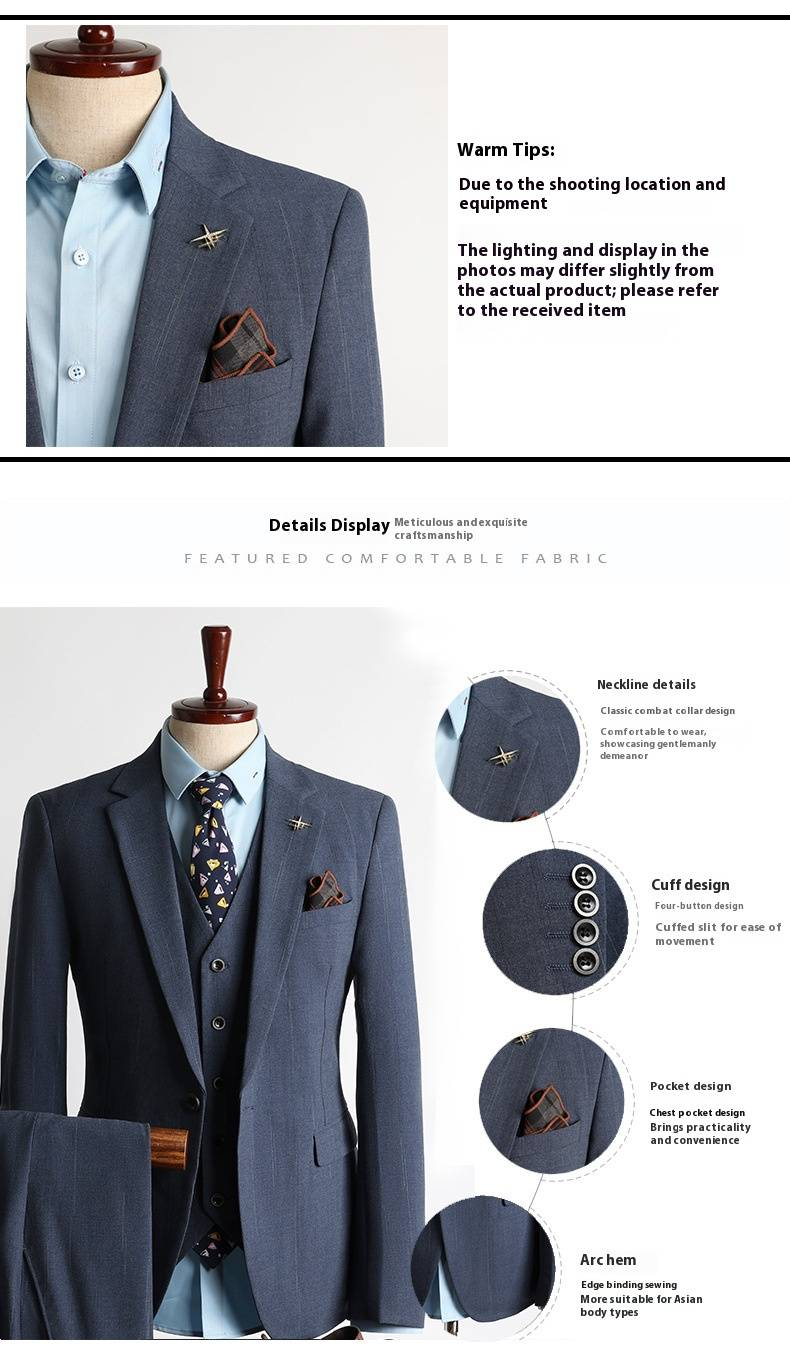 Dreiteiliges Slim Fit-Anzugset für Herren mit blauen Streifen – Eleganter Hochzeits- und Businessanzug mit Weste und Hose_voghion.com
