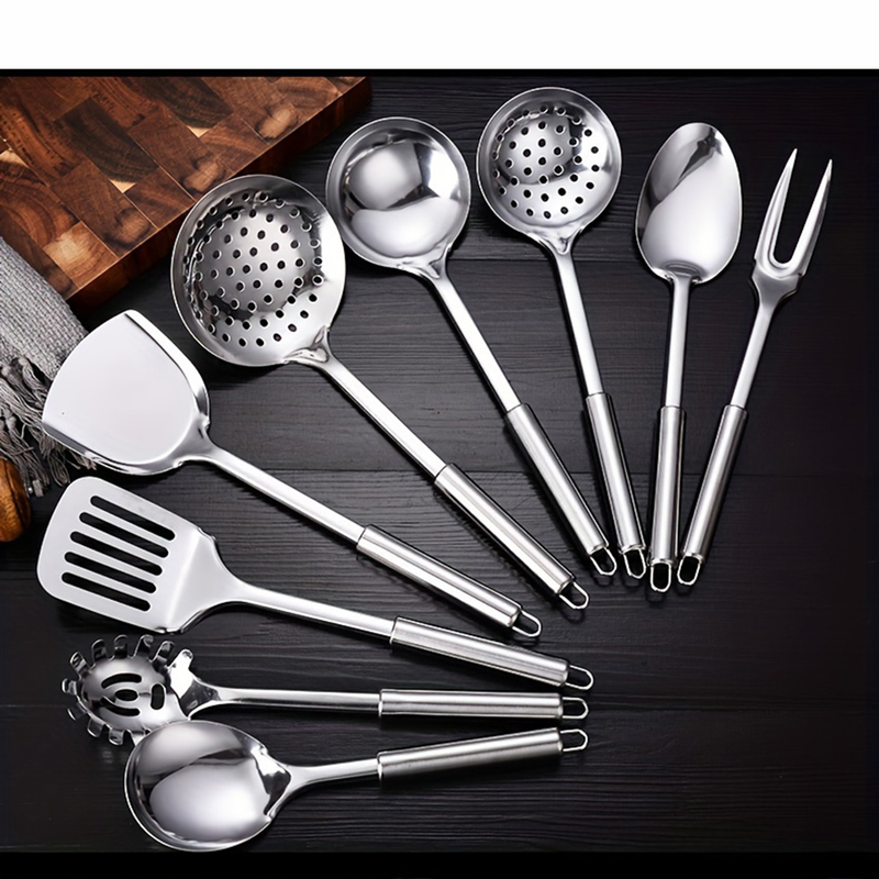 Premium 9pcs Stainless Steel Kitchen Utensil Set-Soup Ladle, Slotted Turner, Pasta Server & More | Durable & Rust-Resistant Cooking Tools_voghion.com