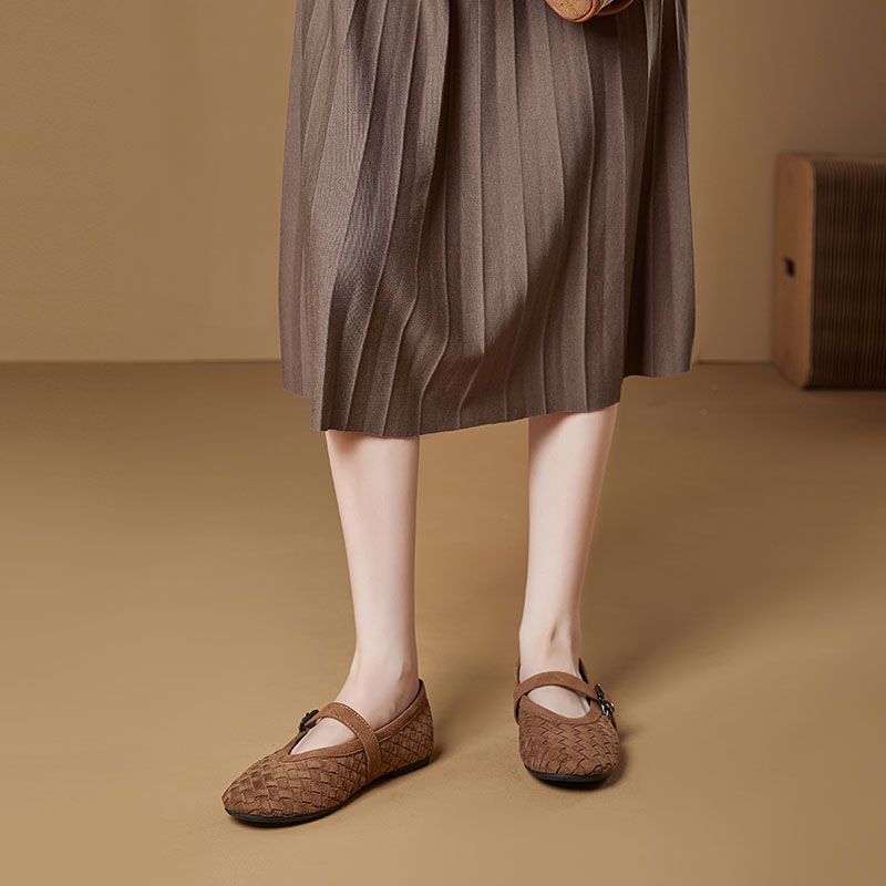 Simple And Versatile Woven Belt Mary Jane Shoes, Round Toe Single Shoes With Woven Texture, Breathable Sheepskin Pad, Comfortable Suede_voghion.com