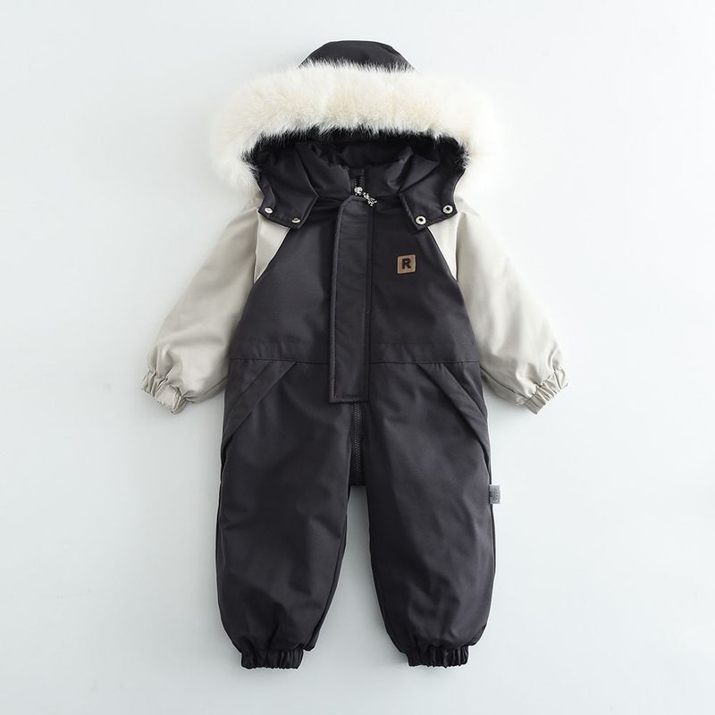 Ropa para niños Invierno nuevo estilo cuello de piel grande color a juego traje de esquí fino mono traje de gateo para bebé_voghion.com