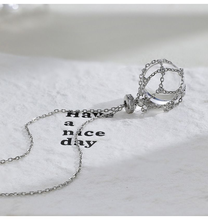 Colar de bolso em malha de prata pura com cristais brancos - Corrente longa ajustável com design de nicho para mulheres | Sensação de alta qualidade_voghion.com