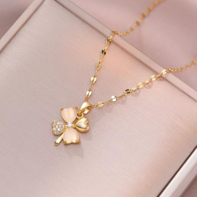 Women's Necklace Internet Celebrity Four Leaf Zircon Flower, Niche Cat's Eye Stone, New Design Pendant, Temperament Titanium Steel Necklace_voghion.com