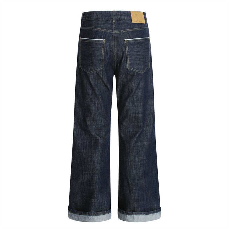 Pantaloni casual versatili da uomo, in denim con orlo arrotolato, gamba larga, stile High Street, alla moda, con risvolti_voghion.com