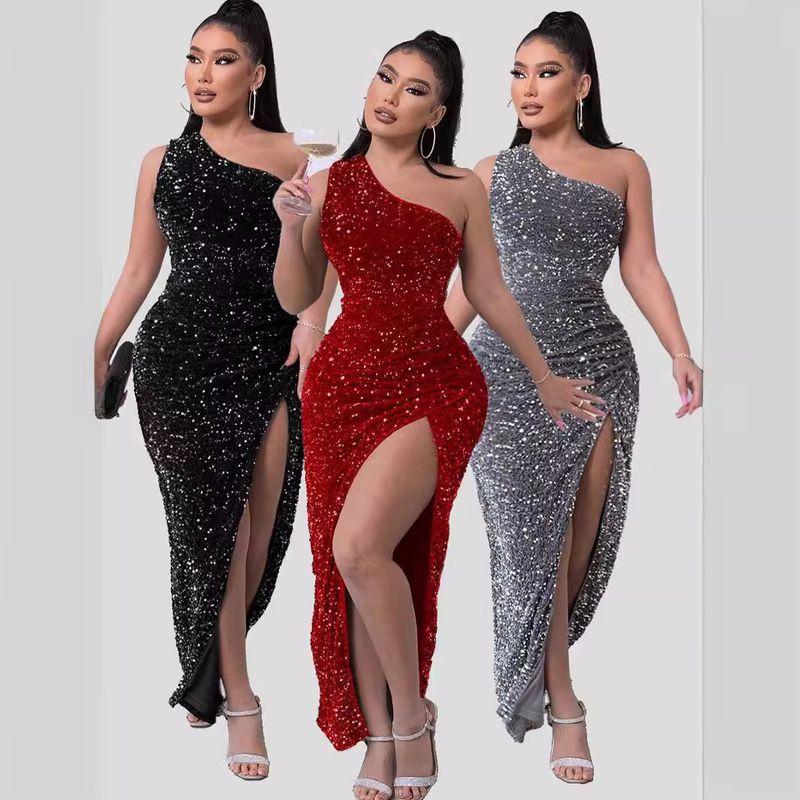 Nuovo abito aderente con paillettes e spacco alla caviglia, senza maniche e con paillettes (8 colori)_voghion.com