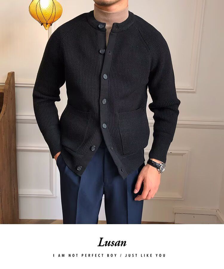 Übergroßer Strick-Cardigan für Herren – Dehnbarer und atmungsaktiver Freizeitpullover mit offener Vorderseite (Schwarz/Grau/Karamell) – Übergröße_voghion.com