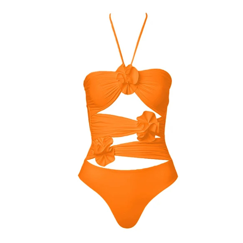 Women's 3D flower halter neck backless swimsuit and wrap skirt suit for women_voghion.com