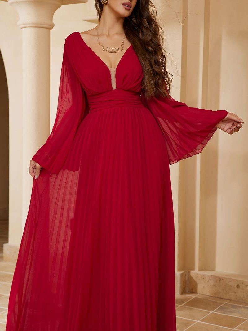 Robe de soirée longue élégante à col en V pour femme - Robe trapèze longue au sol avec volants, décolleté en V profond et manches longues pour banquet ou bal de fin d'année_voghion.com