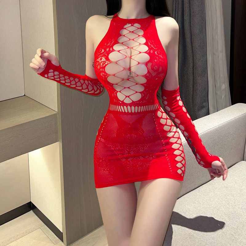 18YX08802023 Vestito aderente ultra corto con maniche e base attillata sexy traforata_voghion.com
