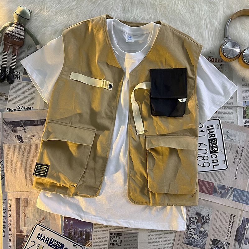 Retro functioneel tactisch vest voor heren, mouwloos hemd voor heren, werkjas_voghion.com