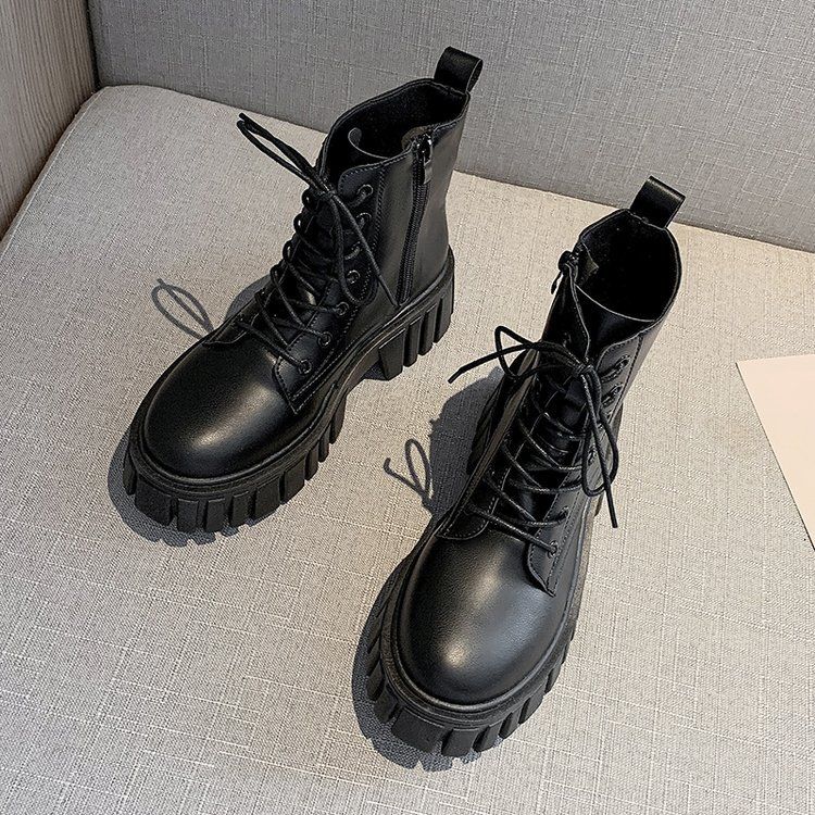 Martin-Stiefel mit dicker Sohle und Schnürung für Damen, Herbst und Winter 2024, neue koreanische Version, Lederstiefel für Damen, bequeme, weiche Sohle, mittlere Wadenhöhe_voghion.com