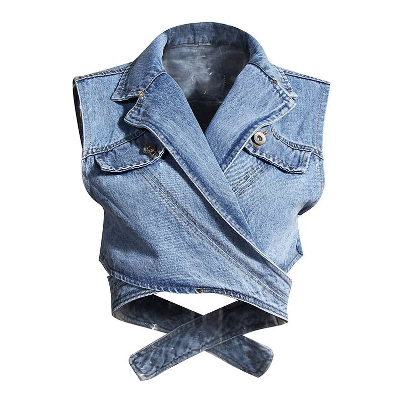 Das neue zweiteilige kurze unregelmäßige Jeanswestenhemd mit Puffärmeln lockerer Modeanzug für Frauen_voghion.com