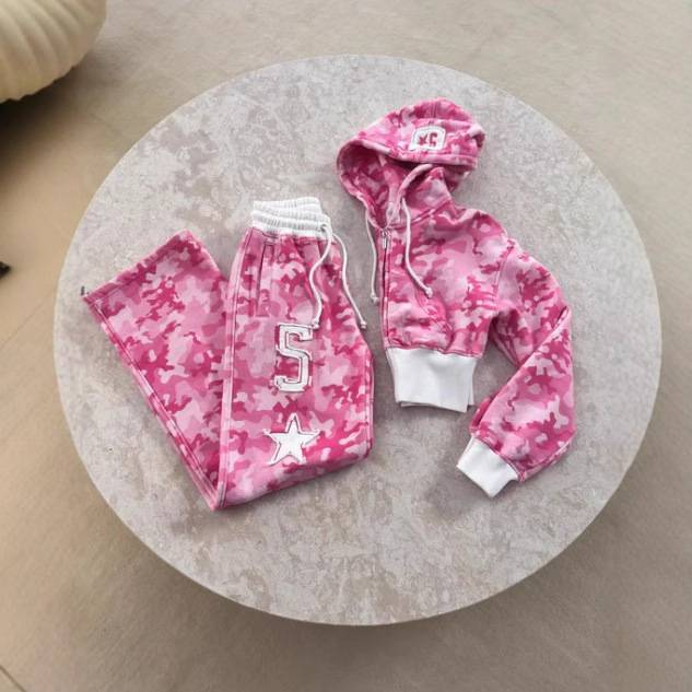 Kadın Giyim Pembe Kamuflaj Baskılı Günlük Takım Elbise Yeni High Street Hip Hop Fermuarlı Ceket Bağcıklı Pantolon_voghion.com