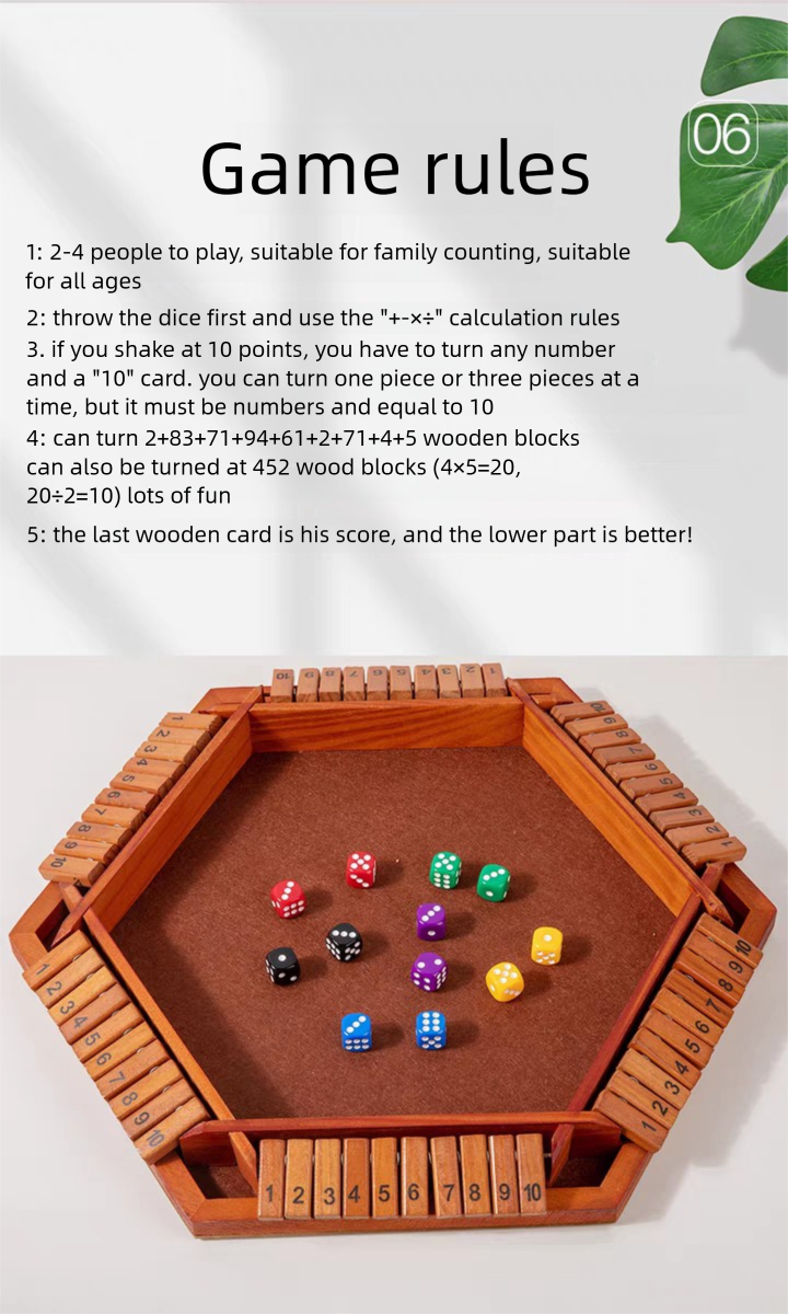 Shut The Box Dobbelspel, 6-zijdig, educatief Shut The Box Wiskundespel van hout, geschikt voor 6 spelers, voor feestjes en volwassenen._voghion.com