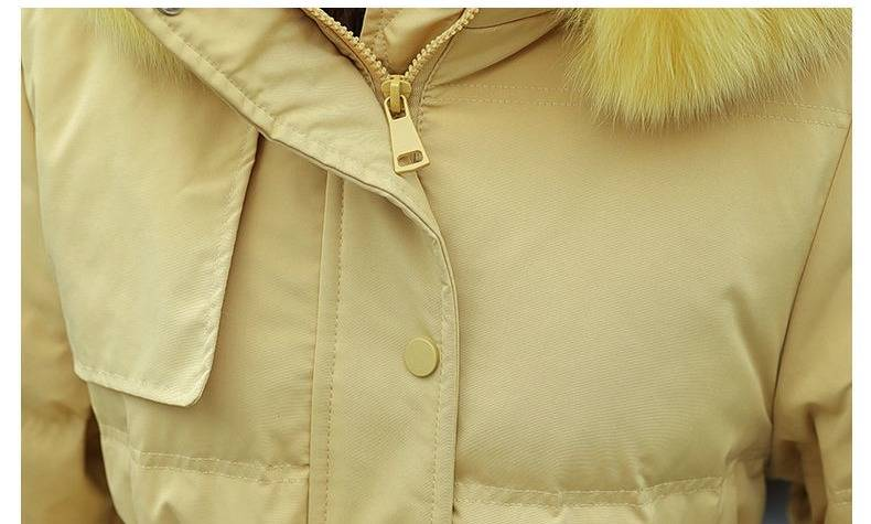 Lange Daunenjacke für Damen mit echtem Fuchspelzbesatz – Füllung aus 96 % weißen Entenfedern, schmaler, taillenbetonter Wintermantel, wasserabweisende Acryl-Außenschicht_voghion.com