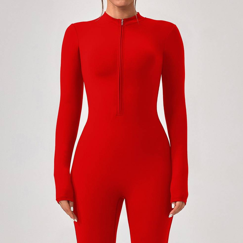 European And American Popular Zipper Long Sleeved Trousers Slightly Flared Jumpsuit Slim Women's Hip Lifting Sports Fitness Yoga Suit Sportswear_voghion.com