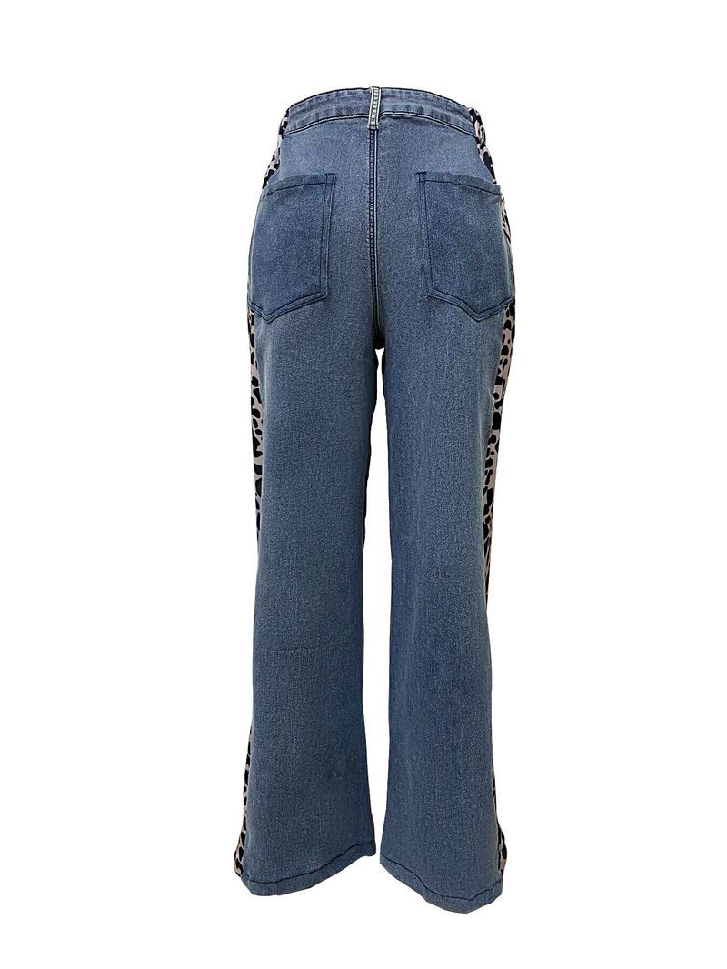 Women's Clothing Street Fashion Splicing Leopard Print Straight Washed Denim Trousers_voghion.com