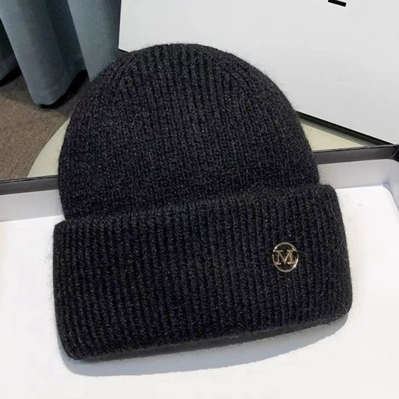 Winter konijnenbont warme gebreide muts pluizige letter M mutsen dames zachte gehoorbescherming veelzijdige elastische vrouwelijke muts_voghion.com