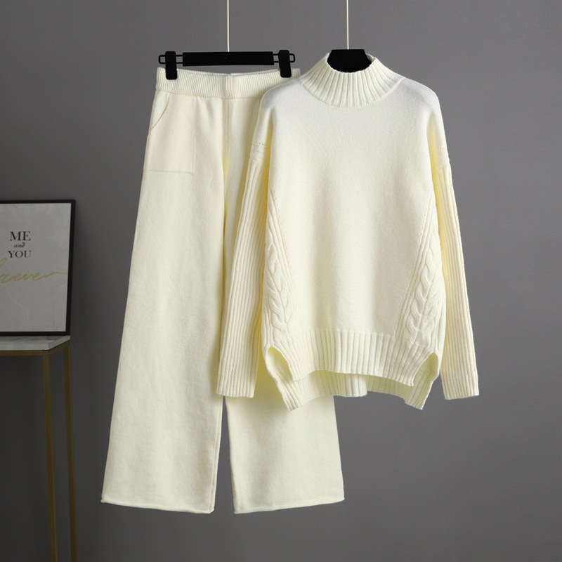 Conjunto de suéter estilo ocidental da moda feminina, calças de pernas largas, conjunto de duas peças_voghion.com