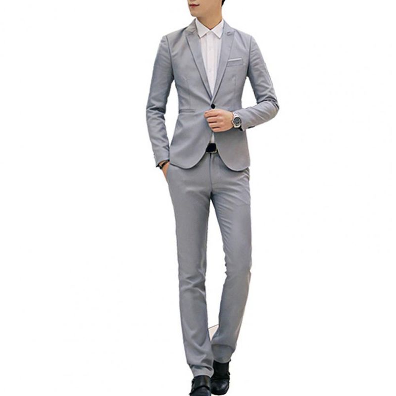 2 Teile/satz Männer Frühling Herbst Einfarbig Business Anzug Revers Ärmel Taschen Single Button Blazer Slim Fit Lange Hosen Set_voghion.com