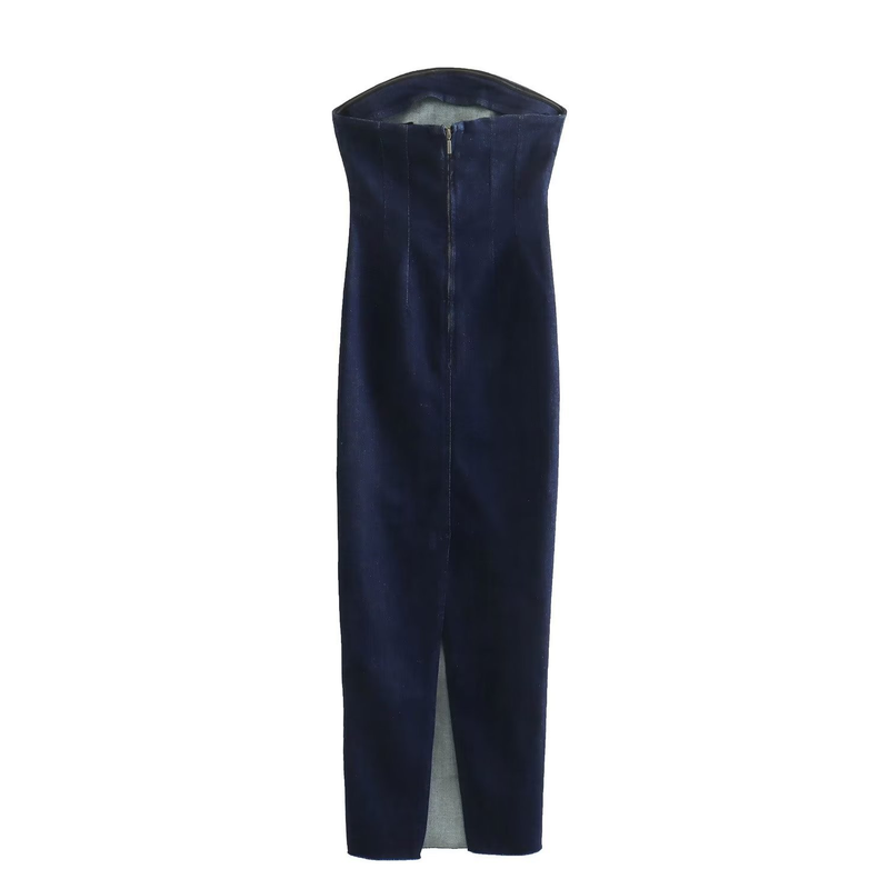 novo estilo de vestido jeans com zíper traseiro e envolto no peito para mulheres_voghion.com